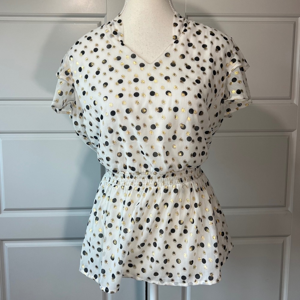 A Love‎ Story White Top Black Gold Polka Dot Blouse Ruffle Sleeve Medium M